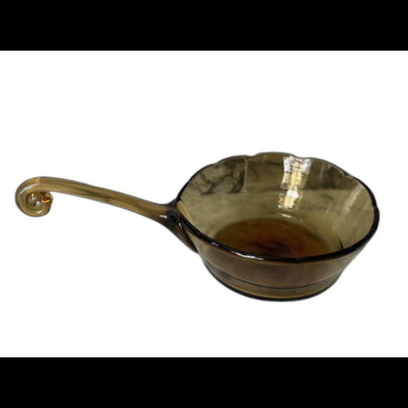 Vintage Scalloped Amber Art Glass Bowl Applied Curled Handle Hand Blown - Picture 4 of 6